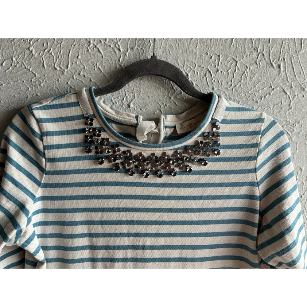 Tory Burch Embellished Striped Top Blue Cream Preppy Nautical Size S - Picture 5 of 14